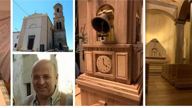 A sinistra la miniatura, accanto la chiesa di Sant’Andrea apostolo di Soiana e Marco Antonelli. Quindi un particolare del campanile