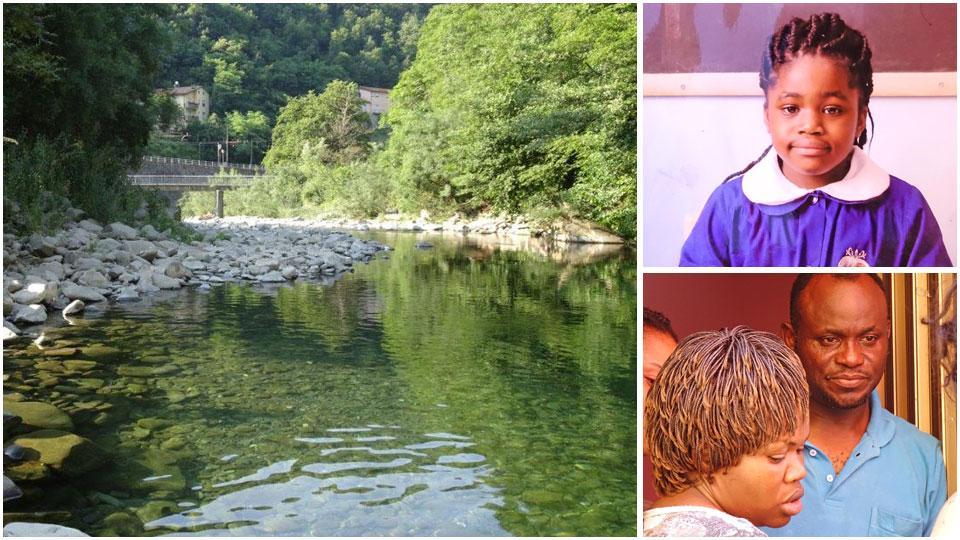 Il fiume Reno a Molino del Pallone, nei pressi del luogo della tragedia, un’immagine della vittima, Blessing Okojie, annegata il 2 luglio 2019 e il padre e la madre della piccola, Adesua e Benson Okojie