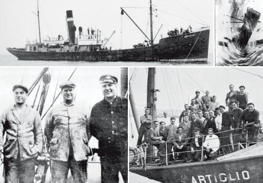 A sinistra i palombari Alberto Gianni, Aristide Franceschi e Alberto Bargellini, equipaggio dell’Artiglio, una foto della nave e una raffigurazione dell’esplosione