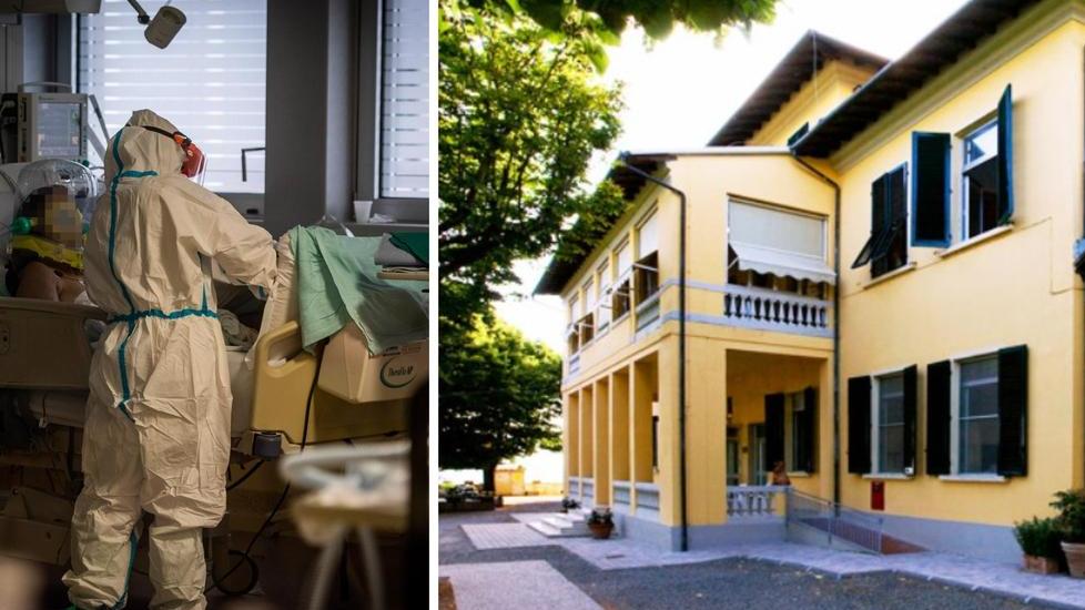 Un’infermiera assiste un’anziana in un reparto Covid e a destra la Rsa Belvedere di Lari. Sotto Rosa “Piera” Bendinelli