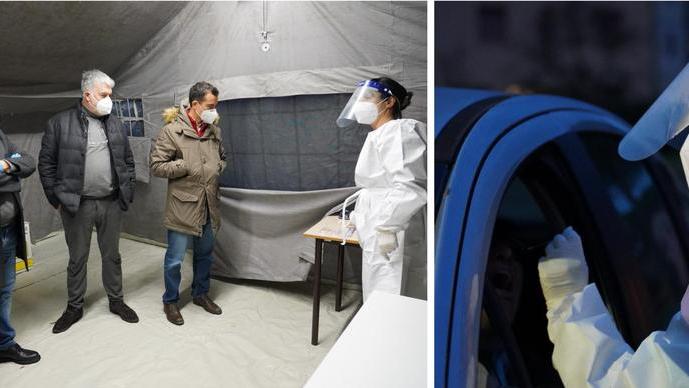 Un momento della cerimonia di inaugurazione dell’ambulatorio mobile e un test per il virus Covid-19 (foto Silvi)