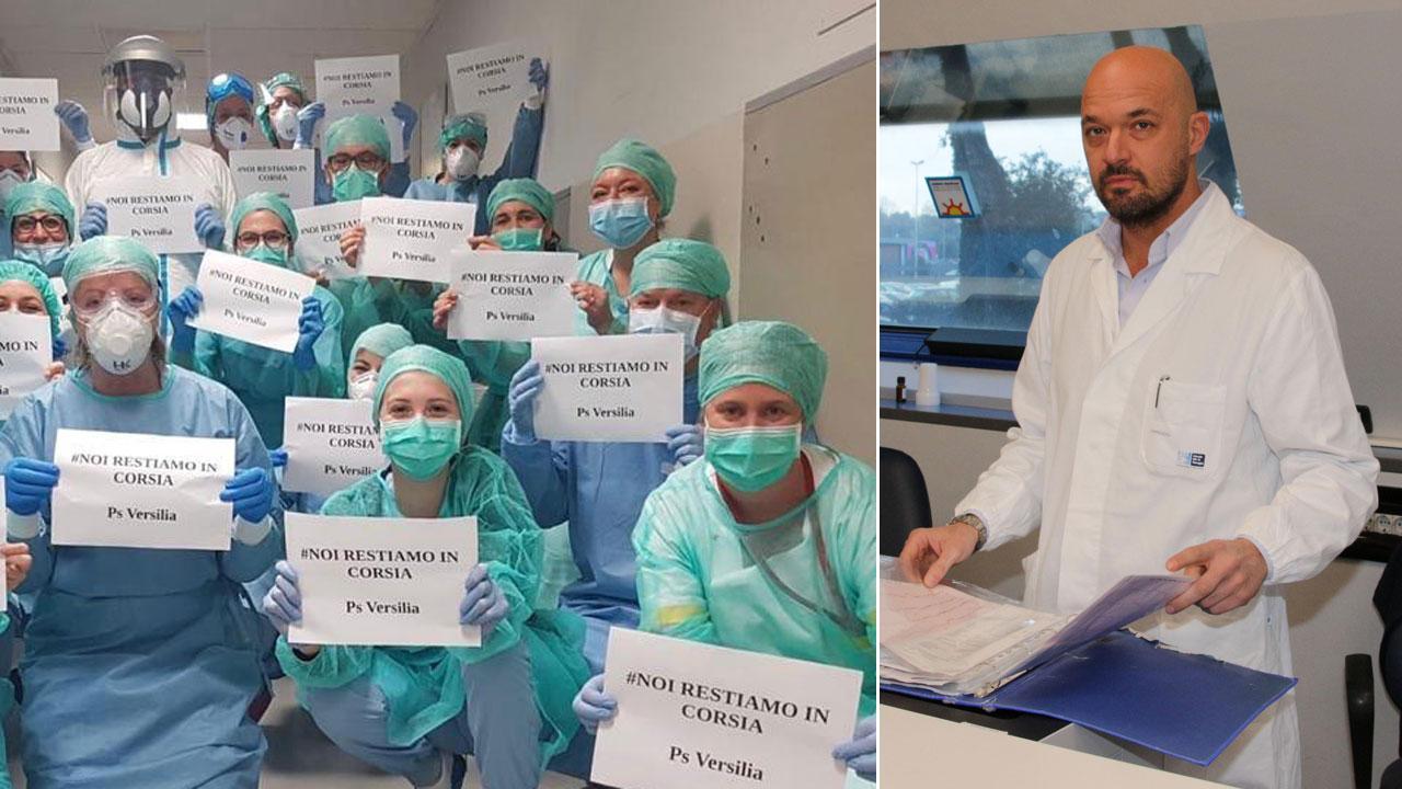 Il personale del pronto soccorso del Versilia durante l’emergenza coronavirus; a destra il primario Giuseppe Pepe (foto precedente all’emergenza Covid)
