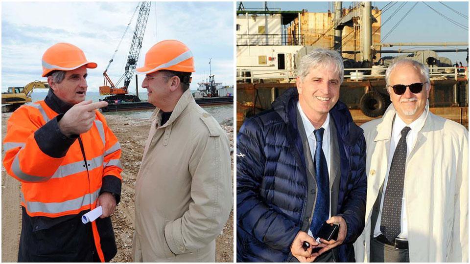 Luciano Guerrieri: a sinistra con Gianni Anselmi, negli anni al timone del porto di Piombino; a destra, insieme a Stefano Corsini, presidente dell’Authority