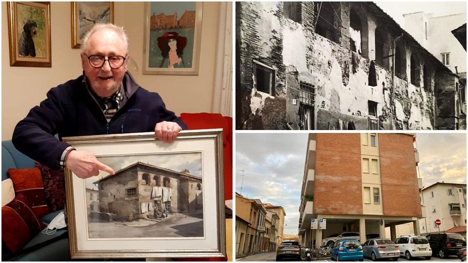 Carlo Ghelardi mostra il quadro dedicato al “Terrazzone”, una vecchia foto dell’edificio di via dell’Eremo (tratta dal libro “Tra storia e leggenda” a cura del Comitato Il e il fabbricato che ha preso il posto del “Terrazzone”