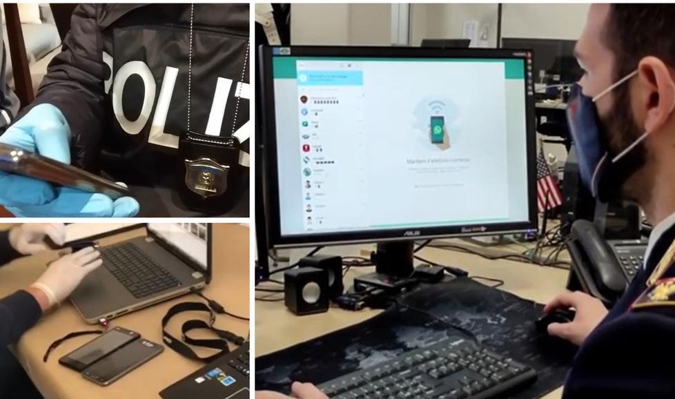 Gli agenti della polizia postale durante le indagini e con alcuni smartphone sequestrati