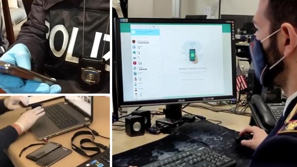 Gli agenti della polizia postale durante le indagini e con alcuni smartphone sequestrati