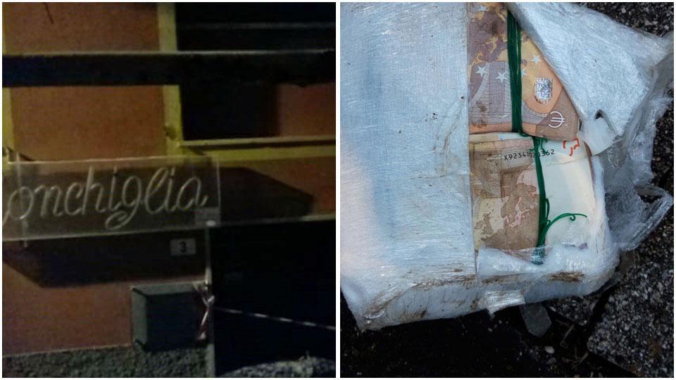 Il ristorante “La Conchiglia Bistrot” di Lerici con i sigilli del sequestro preventivo e uno dei pacchi di denaro che la polizia ha trovato sotto i binari