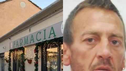 A sinistra la farmacia rapinata, a destra la foto della persona arrestata
