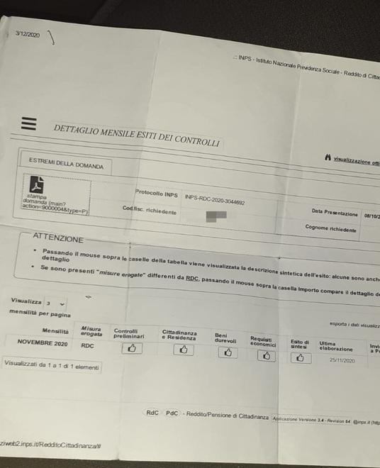 Il documento dell’Inps che attesta il riconoscimento del reddito
