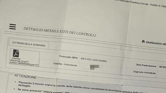 Il documento dell’Inps che attesta il riconoscimento del reddito