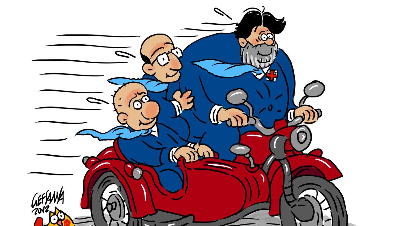 La vignetta di Gef: Solinas, Nieddu e Chessa in sidecar ma il re delle moto è a Olbia