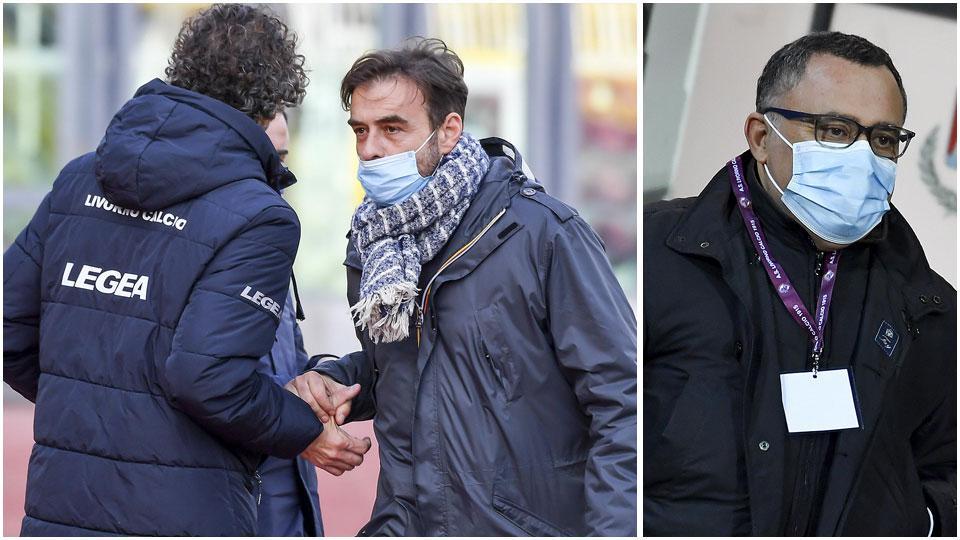 Silvio Aimo a colloqui con Alessandro Dal Canto (di spalle) prima del derby con la Lucchese e Giorgio Heller che giovedì dovrebbe perdere la carica di presidente