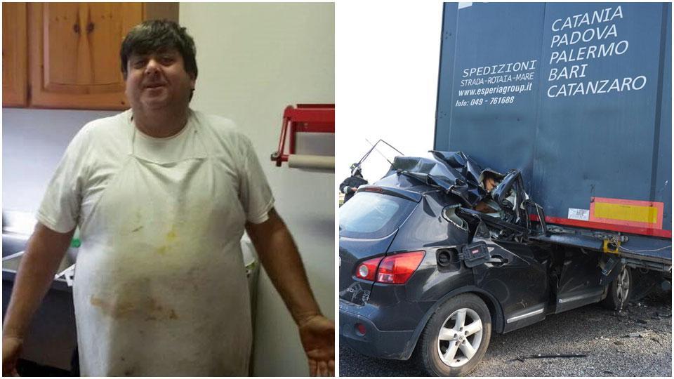 Pietro Martino, una delle vittime, e la sua auto incastrata nel camion