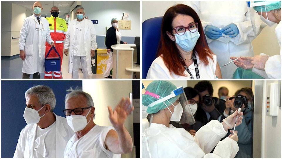 la consegna dei vaccini, Maria Laura Lucchesi e il dottor Isoppi con Biselli e la prima dose di vaccino