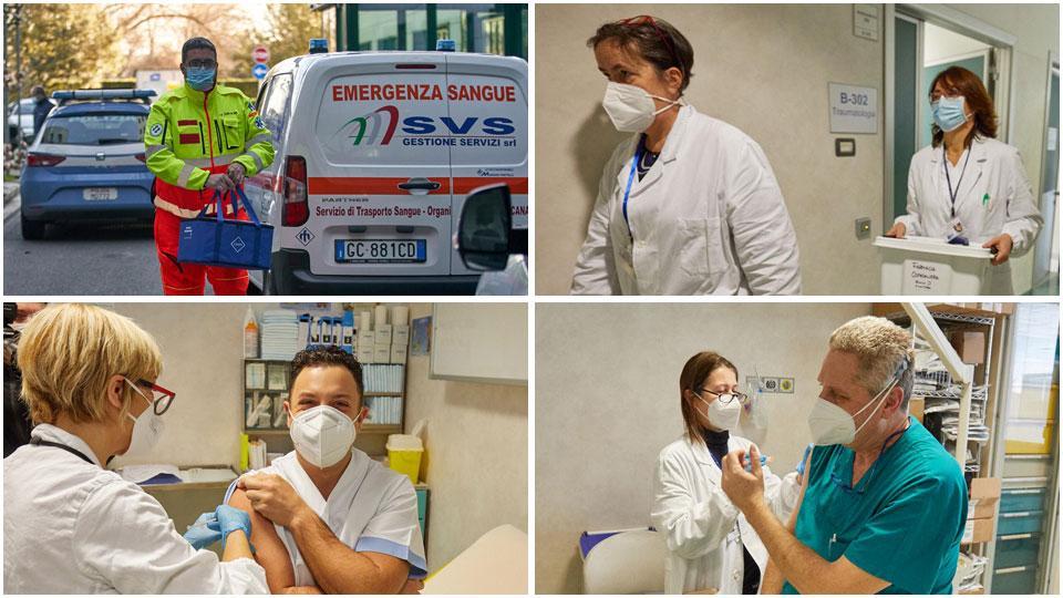 L’arrivo dei vaccini all’ospedale San Giuseppe, il contenitore dei vaccini al San Giuseppe, l’iniezione a Matteo Mistretta e Rosario Spina si sottopone alla vaccinazione