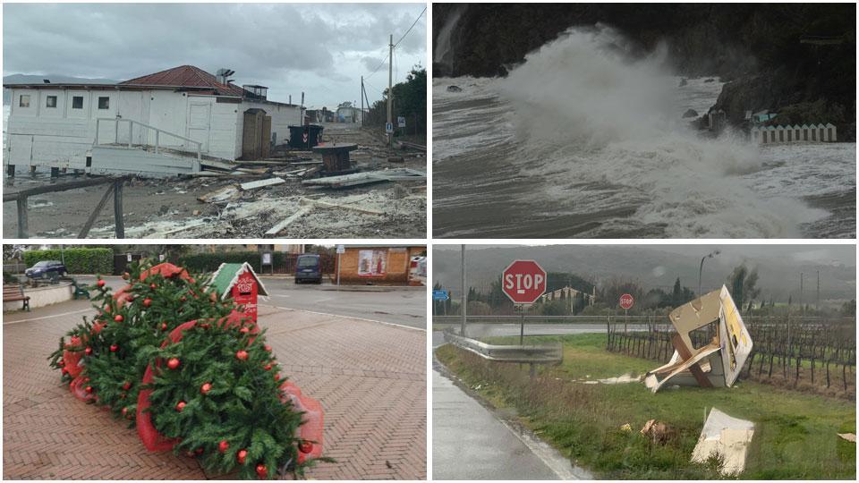 I danni della mareggiata allo stabilimento Il Tempio in Feniglia, mareggiata a Talamone, l’albero caduto alla stazione di Capalbio e una roulotte portata via dal vento nei pressi di San Donato