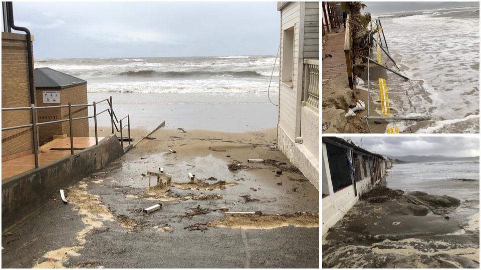 l’acqua arriva fino alle strade nel quartiere di Pratoranieri , dopo la violenta mareggiata di ieri, il mare nello stabilimento Giardino beach di FollonicaNella foto e il devastante stato della spiaggia di Senzuno, sempre dopo la mareggiata di ieri