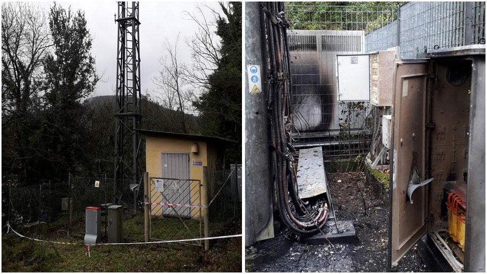 Il ripetitore visto dall’esterno e a destra l’interno della centralina con i segni lasciati dalle fiamme