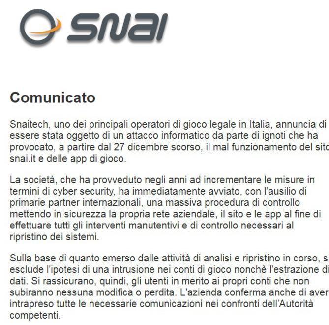 Attacco informatico per due giorni oscurato il sito della Snai