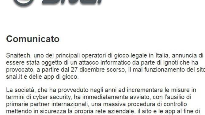 Attacco informatico per due giorni oscurato il sito della Snai