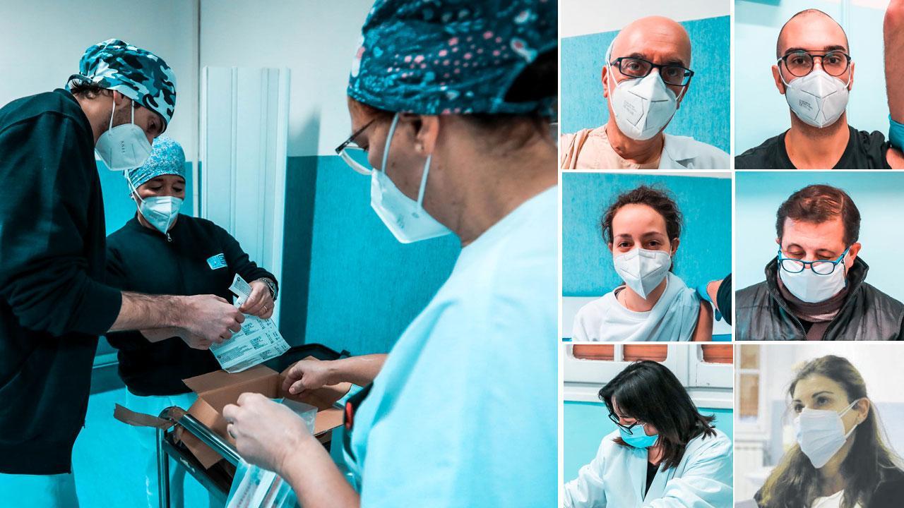 Nella foto tre infermieri della squadra vaccini e partendo dall'alto a sinistra il dottor Riccardo Adami anestesista e l'infermiere Lorenzo Marinai. La fila di centro da sinistra la dottoressa Beatrice Esposito Vangono e il medico vaccinatore Stefano Cuozzo. Nell'ultima fila da sinistra i medici vaccinatori Lisanna Baroncelli e Silvia Cerrettelli.