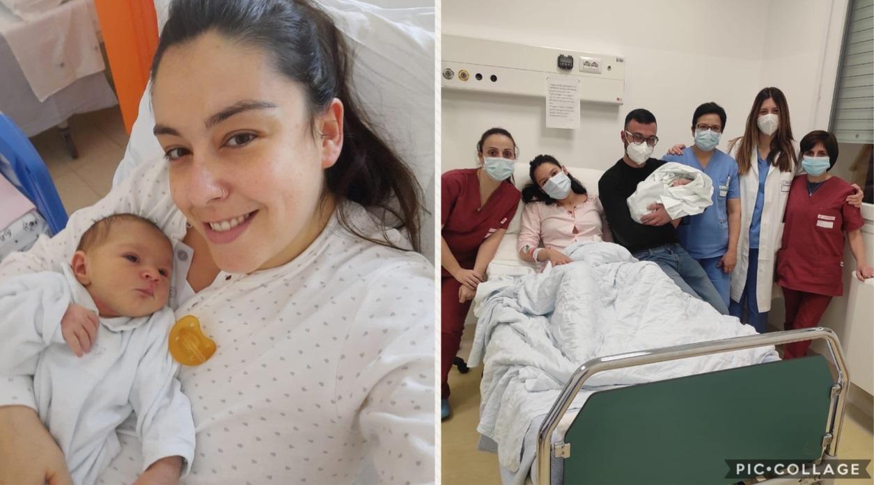 A sinistra Cristina Floris con Rachele e a destra mamma Clara Sanna con papà Edoardo Amadori, la piccola Cloe e il personale sanitario di Ginecologia