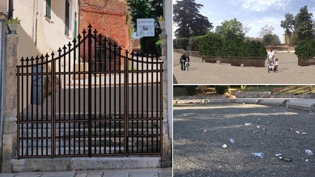 La simulazione della cancellata che verrà sistemata in piazza del Sale e, a destra in alto, quella del nuovo ingresso. Sotto com’è ora