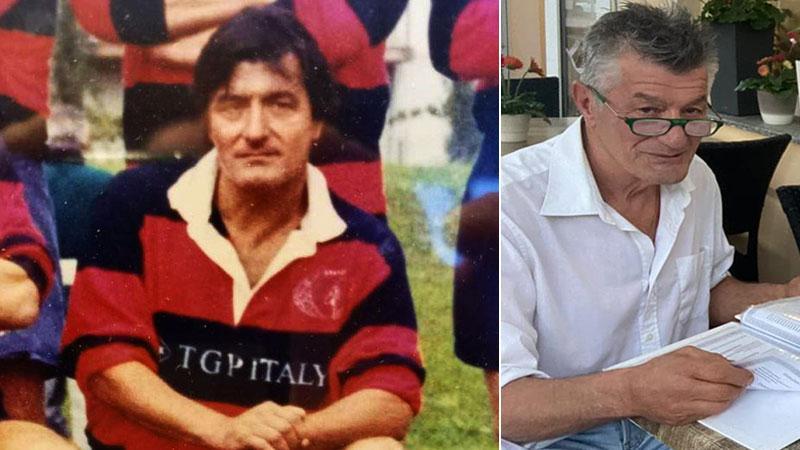 Una foto storica di Sergio Davini con la maglia del Rugby Cecina. Una foto recente di Sergio Davini (Foto da Facebook)