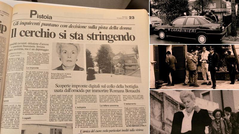 Nelle foto grande, la prima pagina dell’edizione di Pistoia del Tirreno del l’11 febbraio 1996. Nelle altre, la villetta del delitto, gli investigatori al lavoro e Romana Bonacchi