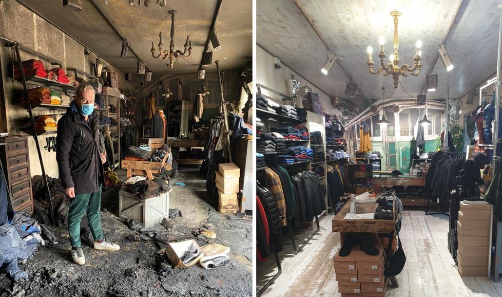 Michele Lorenzetti nel negozio distrutto dal rogo e, a destra, il locale prima dell’assalto incendiario di mercoledì sera