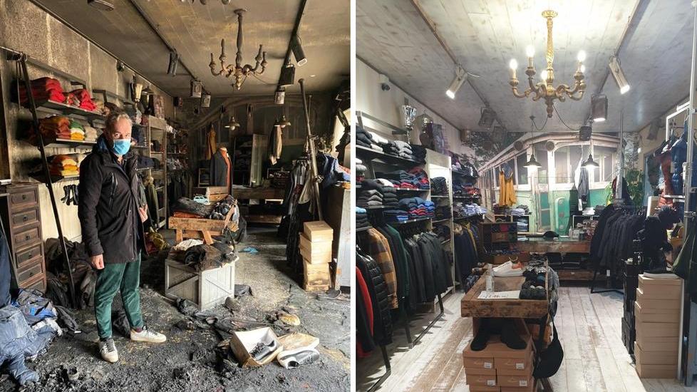 Michele Lorenzetti nel negozio distrutto dal rogo e, a destra, il locale prima dell’assalto incendiario di mercoledì sera
