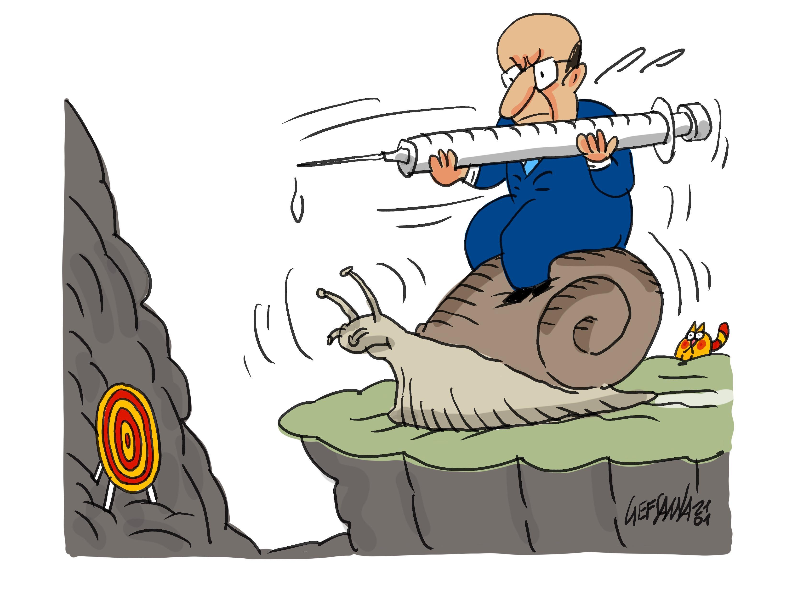 La vignetta di Gef Sanna: vaccinazione a passo di lumaca in Sardegna 
