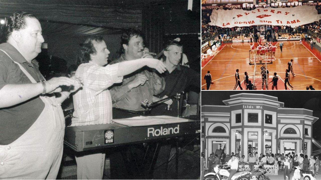 Da sinistra, nella prima foto Jerry Calà e Umberto Smaila al Ciucheba. Accanto in alto una partita di basket al PalaMacchia con migliaia di tifosi. Sotto la Baracchina Rossa