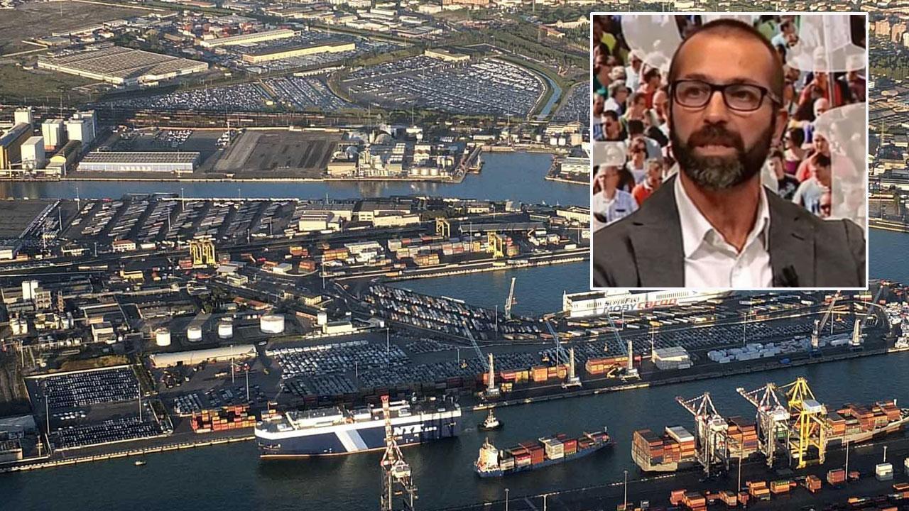 Giuseppe Gucciardo (Filt Cgil) ed una veduta dall’alto di una zona del porto (Muzzi)