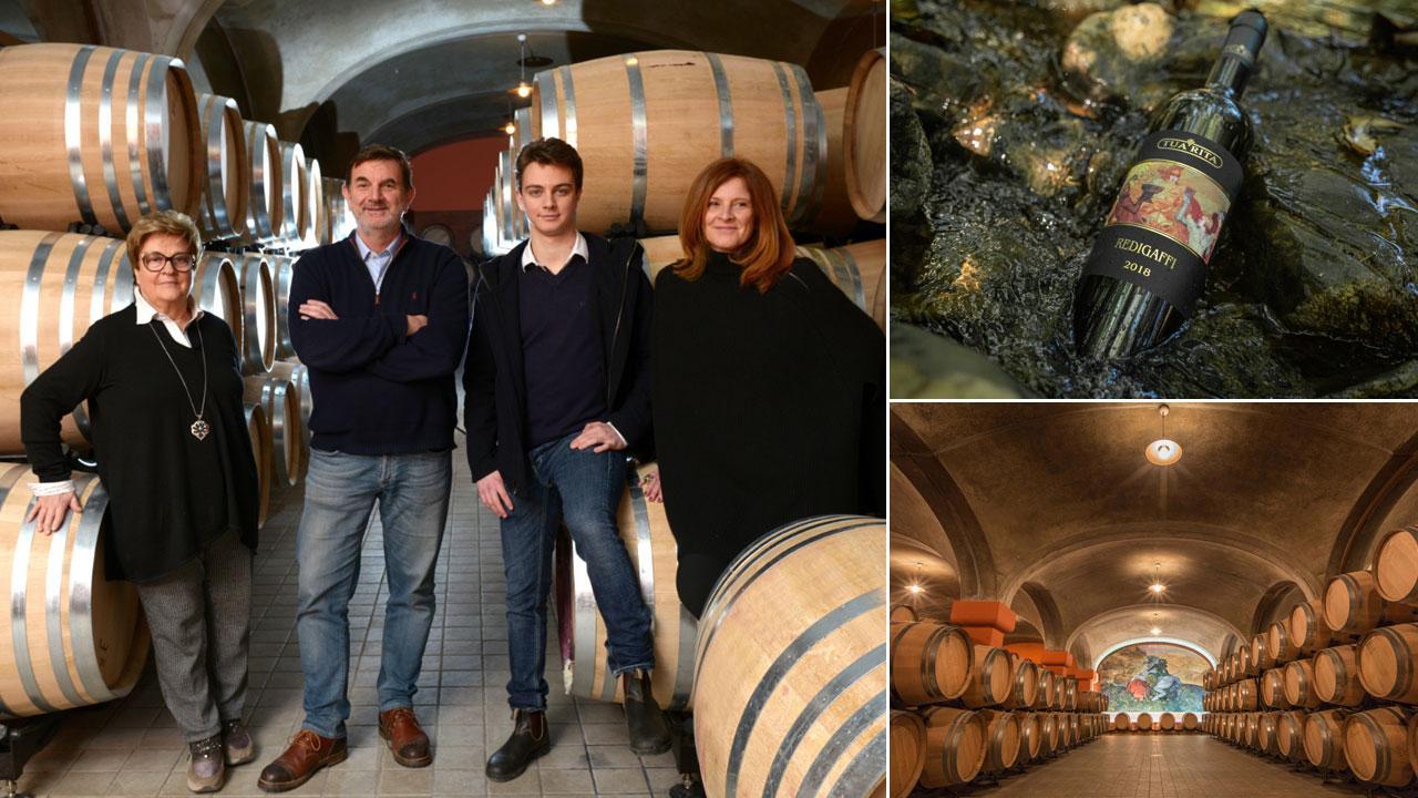 Sopra da sinistra Rita Tua, Stefano Frascolla, Giovanni Frascolla e Simena Bisti all’interno della cantina dell’azienda che ha sede a Suvereto, in località Notri, dove ad oggi conta 47 ettari impiantati a vigneto; in alto a destra l’etichetta ammiraglia Redigaffi, l’annata 2018 è inserita da James Suckling nella sua classifica dei 100 migliori vini al mondo; sotto un suggestivo scorcio della bariccaia