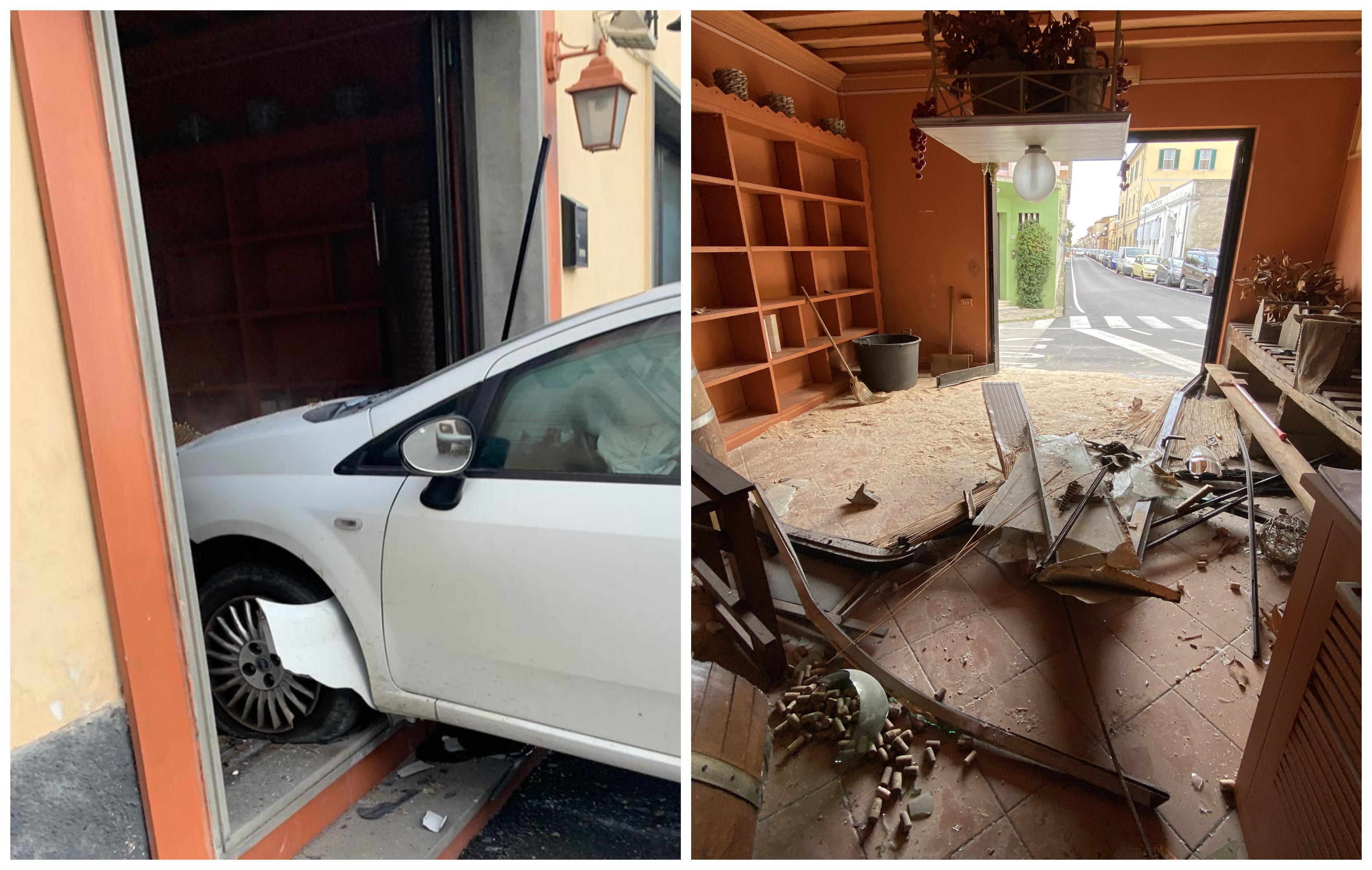 L'auto finita nell'enoteca e i danni al locale (Foto Franco Silvi)