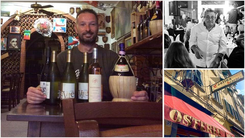 Il titolare della Cantina Senese Fabio Sanna che guida la protesta di ristoratori e titolari di locali pubblici che stasera terranno simbolicamente aperte le loro attività, Rosario Costanzi detto Gangio titolare del ristorante In Caciaia in Banditella e l’esterno della Cantina Senese in Borgo Cappuccini
