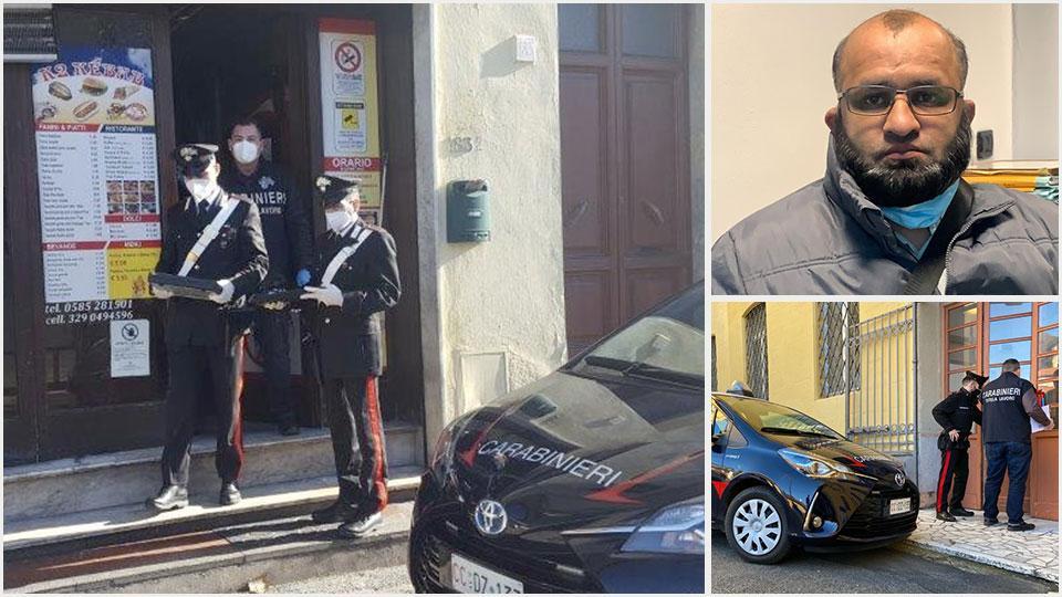 I carabinieri di fronte a uno dei locali, l’uomo arrestato nei giorni scorsi aveva fatto richiesta di danni all’Asl per una cartella e una patente tolta e il nulceo tutela del lavoro