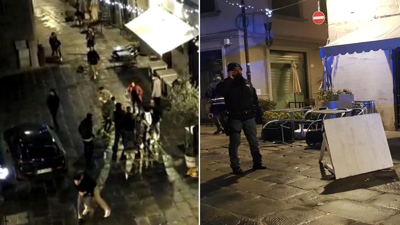 Un momento della rissa e i tavolini spaccati al Movida