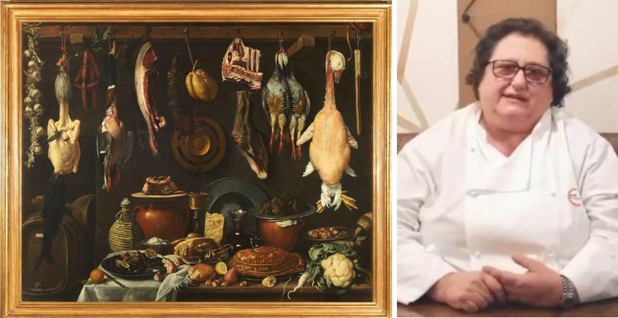 "Natura morta" dell'Empoli e, a destra, Valeria Piccini, chef del ristorante Da Caino di Montemerano