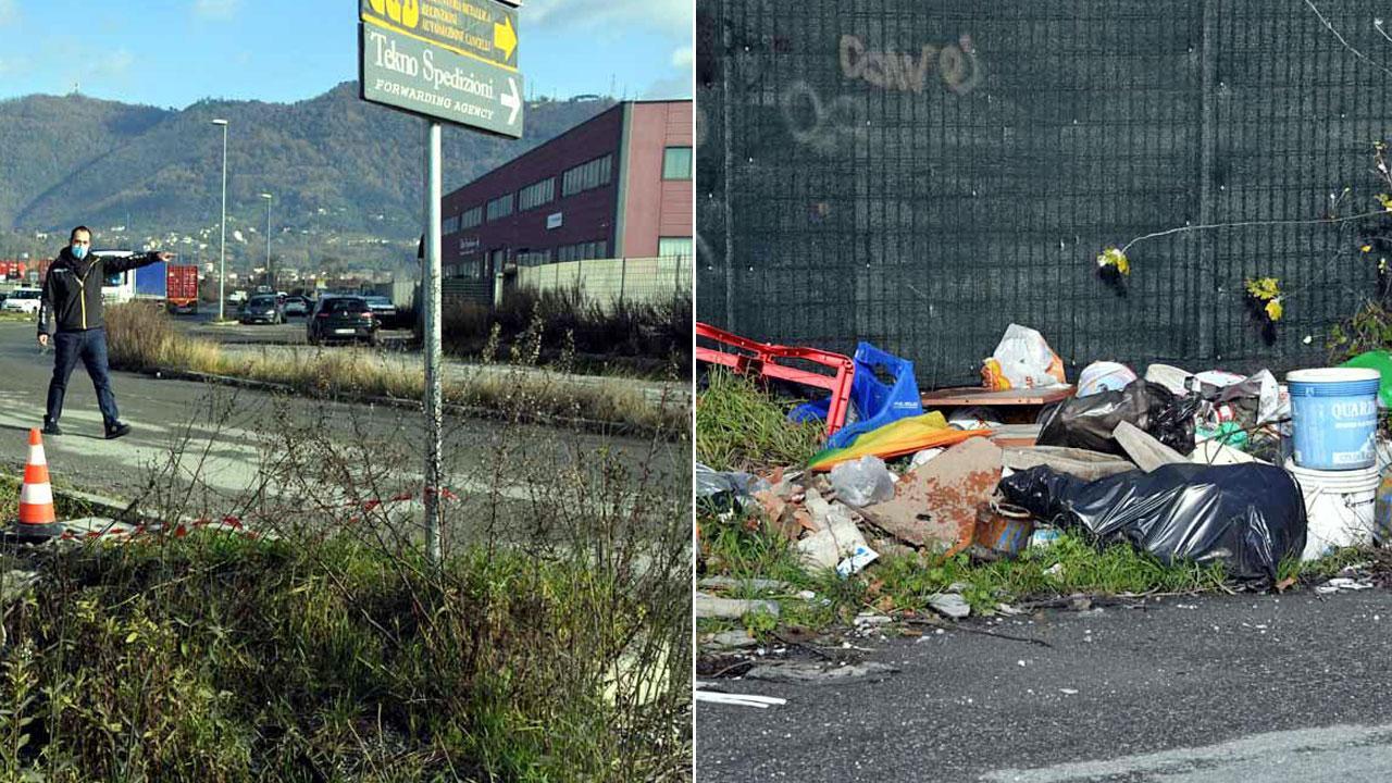 Nella foto in alto a sinistra il rettilineo dove si svolgono le gare di velocità, a destra rifiuti abbandonati nella zona.
