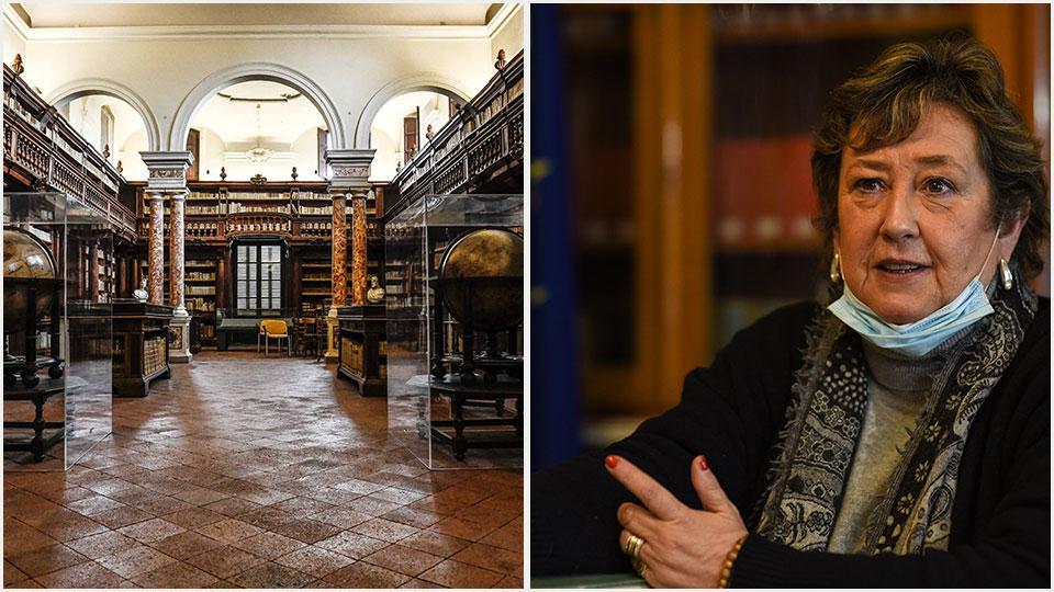 Nella foto a sinistra uno dei saloni monumentali della Biblioteca statale di via Santa Maria Corteorlandini, a destra la direttrice Monica Angeli