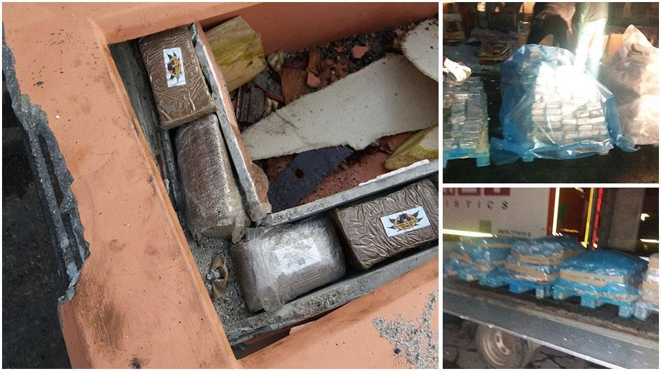 Nella foto principale una delle 18 fioriere rotte con all’interno alcuni panetti di hashish col marchio “Gorilla”, quello del produttore; a destra i 600 chili di hashish sequestrati e portati via su un camion