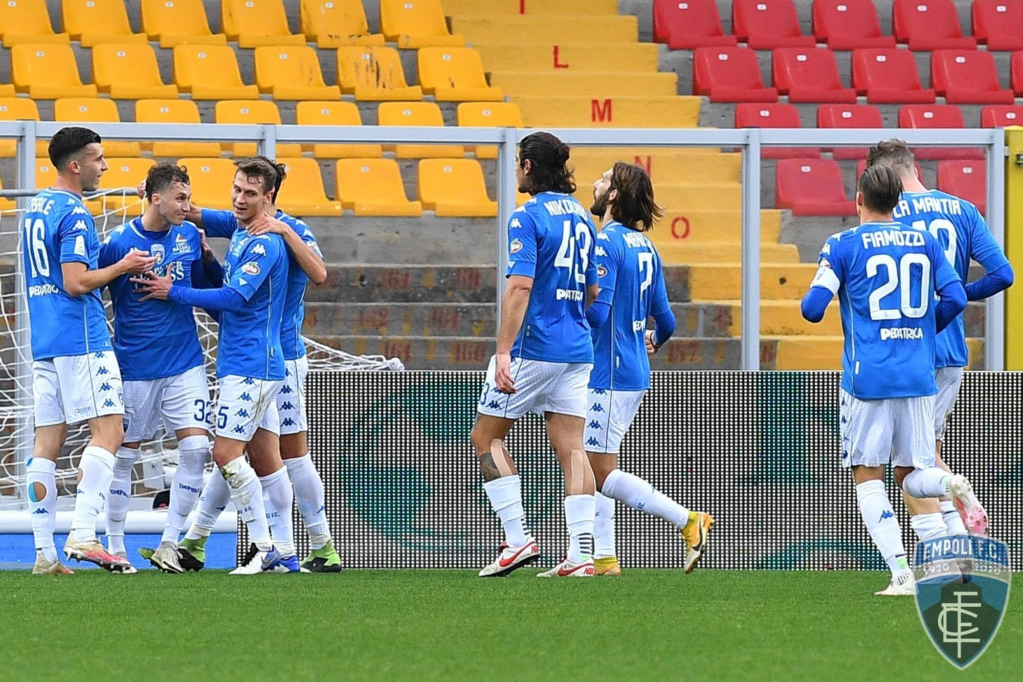 L'esultanza degli azzurri dopo il gol di Haas (Foto Empoli Fc)