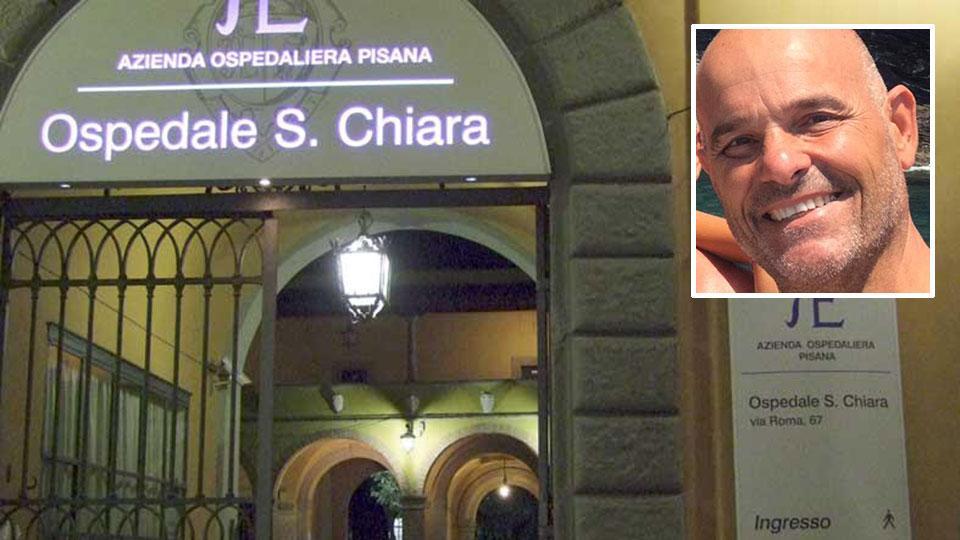 L’ingresso dell’ospedale Santa Chiara a Pisa e Riccardo Santini