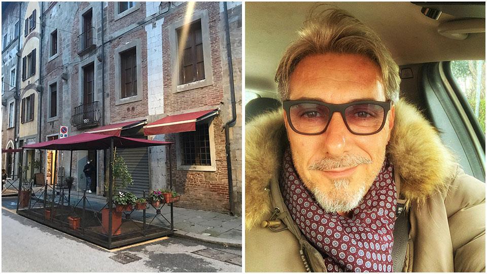 Il bagnino e a sinistra il locale in via Santa Maria Pisa dove è avvenuto il soccorso