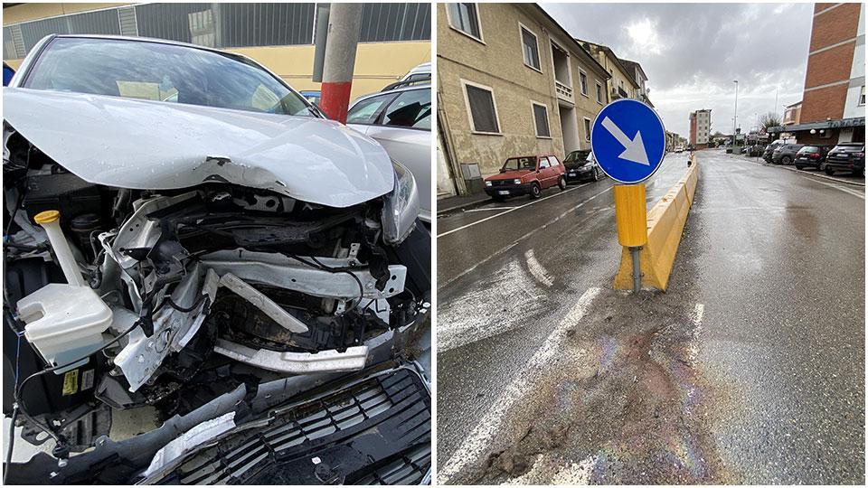 La Toyota distrutta di Sara e lo spartitraffico contro il quale è andata a sbattere
