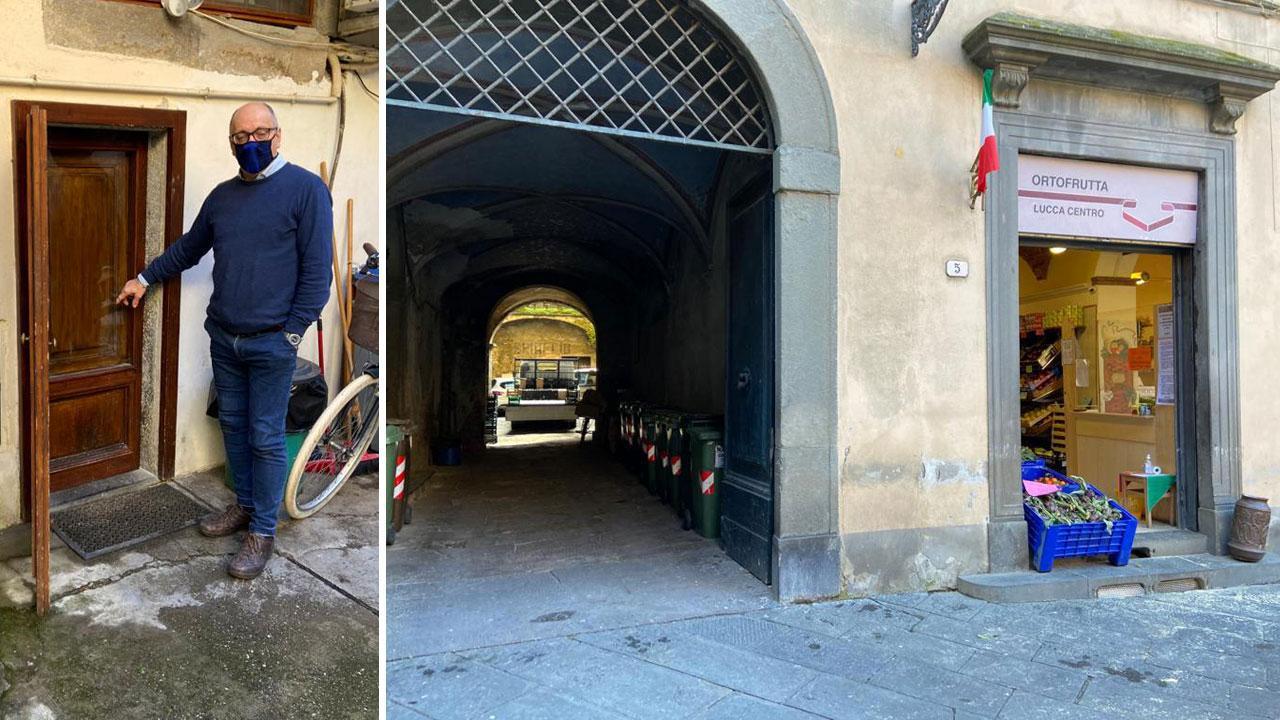 Nella foto a sinistra Chiocca del Peschino mostra la porta forzata dai ladri. A destra l’Ortofrutta di piazza San Salvatore
