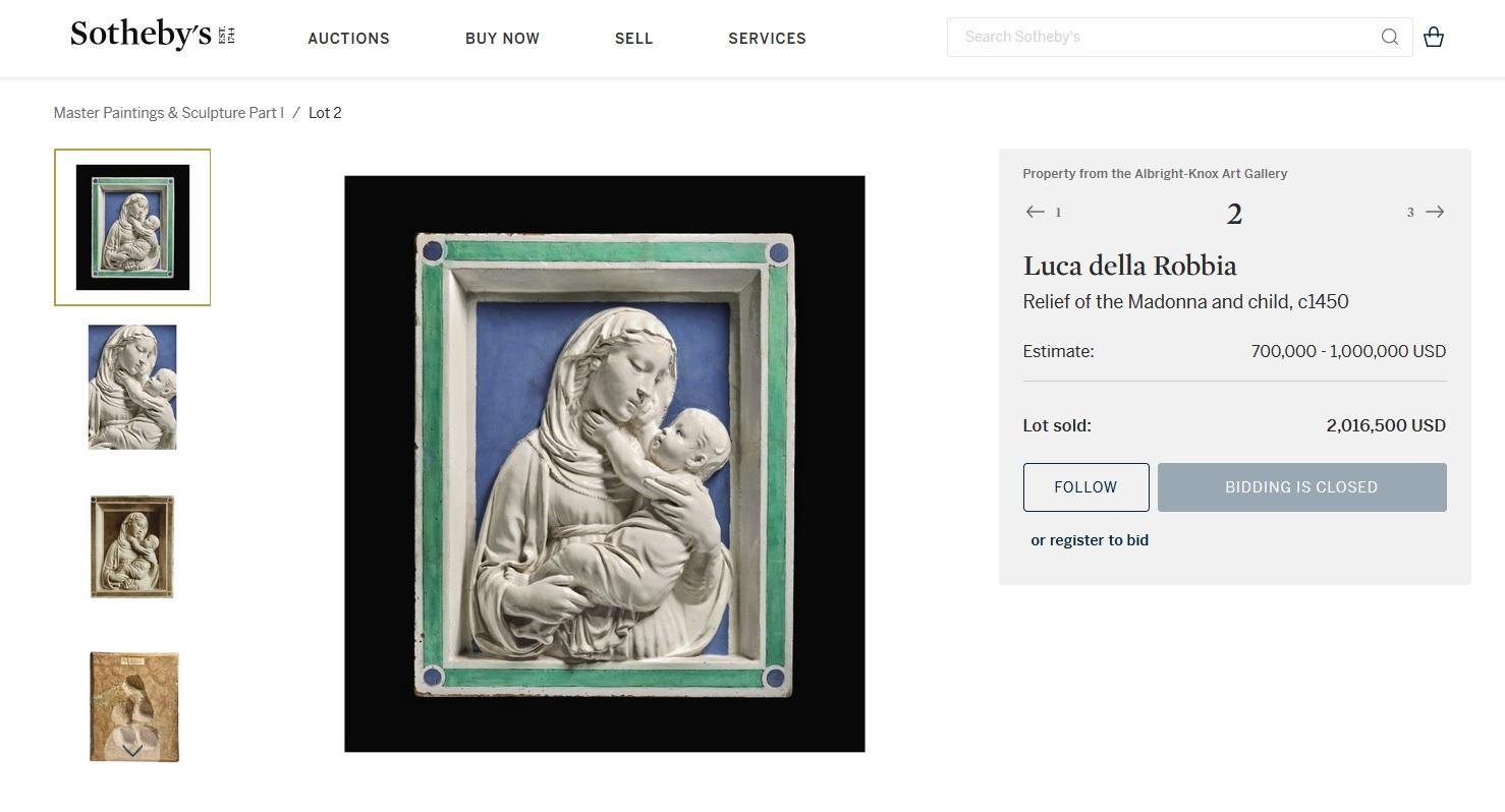 La scheda della Madonna di Santa Fiora sul sito di Sotheby's. A destra l'indicazione "lotto venduto" (lot sold) e il prezzo: 2.016.500 dollari