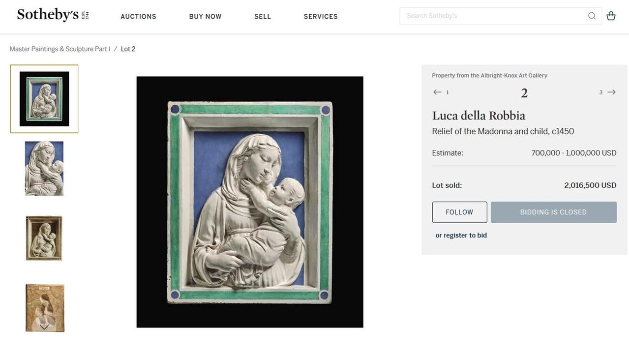 La scheda della Madonna di Santa Fiora sul sito di Sotheby's. A destra l'indicazione "lotto venduto" (lot sold) e il prezzo: 2.016.500 dollari